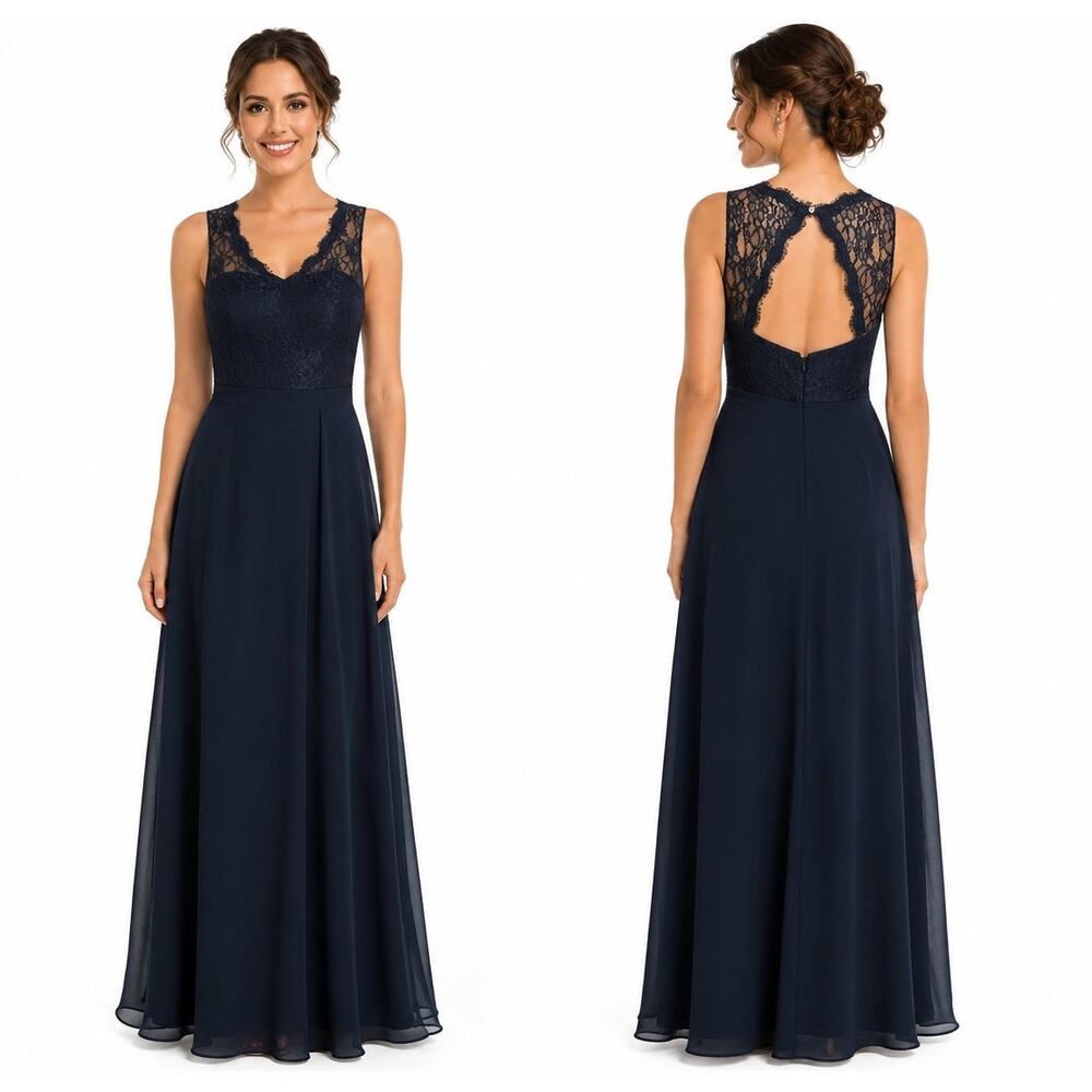 Azazie Navy Lace Chiffon Open Back Bridesmaid Formal Maxi Gown X Small